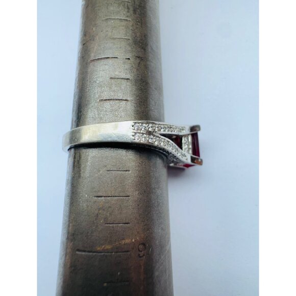 Estate Sterling Silver 925 Red Emerald Cut Gemstone Ring Split Shank Size 8 - Picture 7 of 11